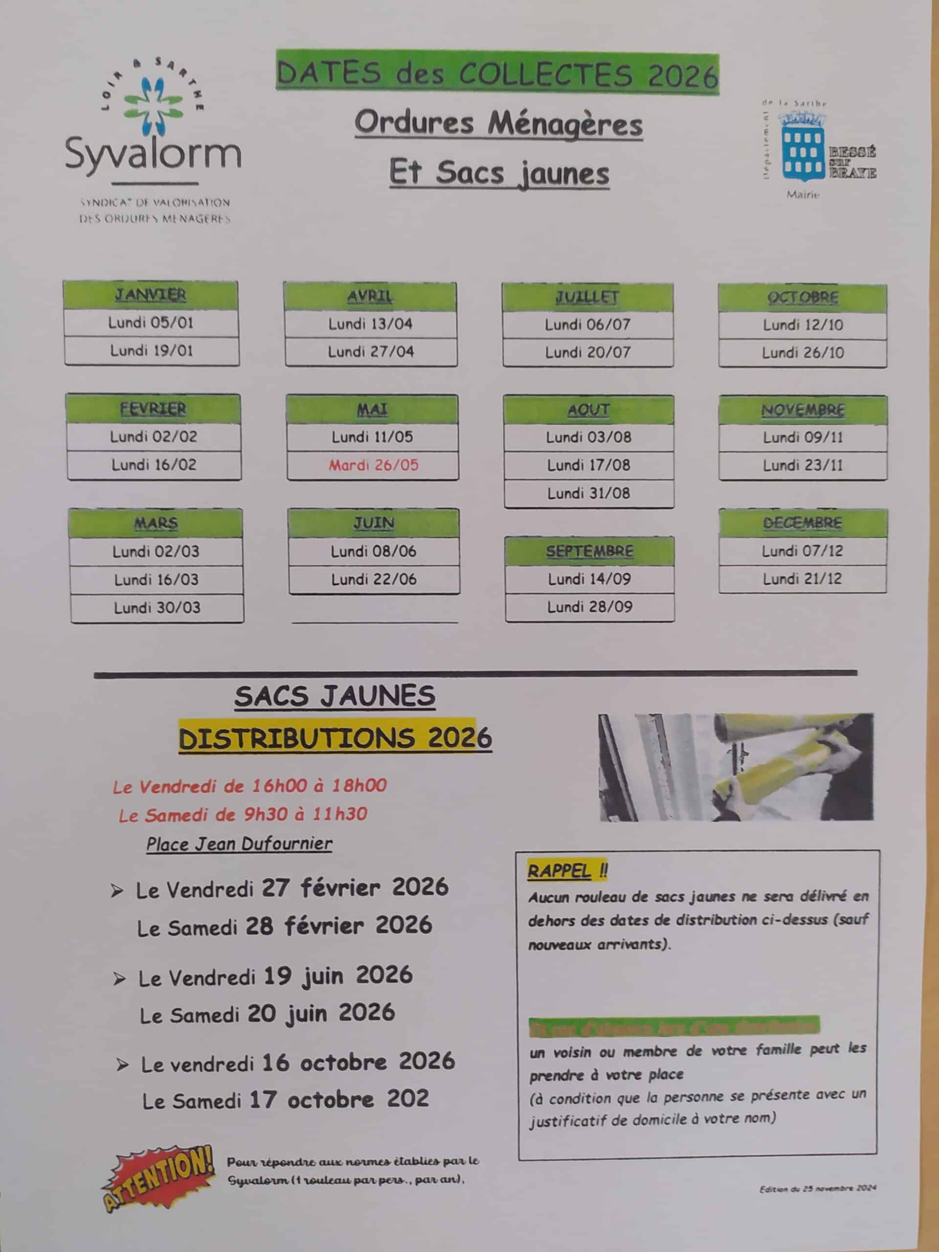 Calendrier Dates des collectes 2026