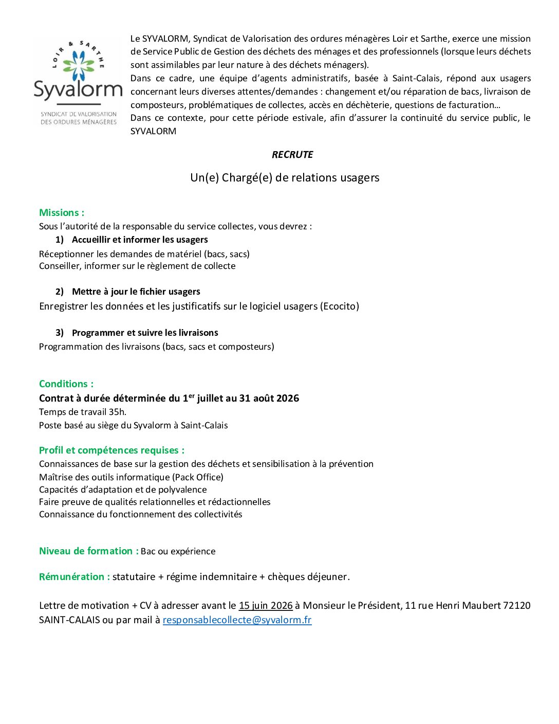 SYVALORM - Offre d'emploi renfort administratif service collectes - juillet août