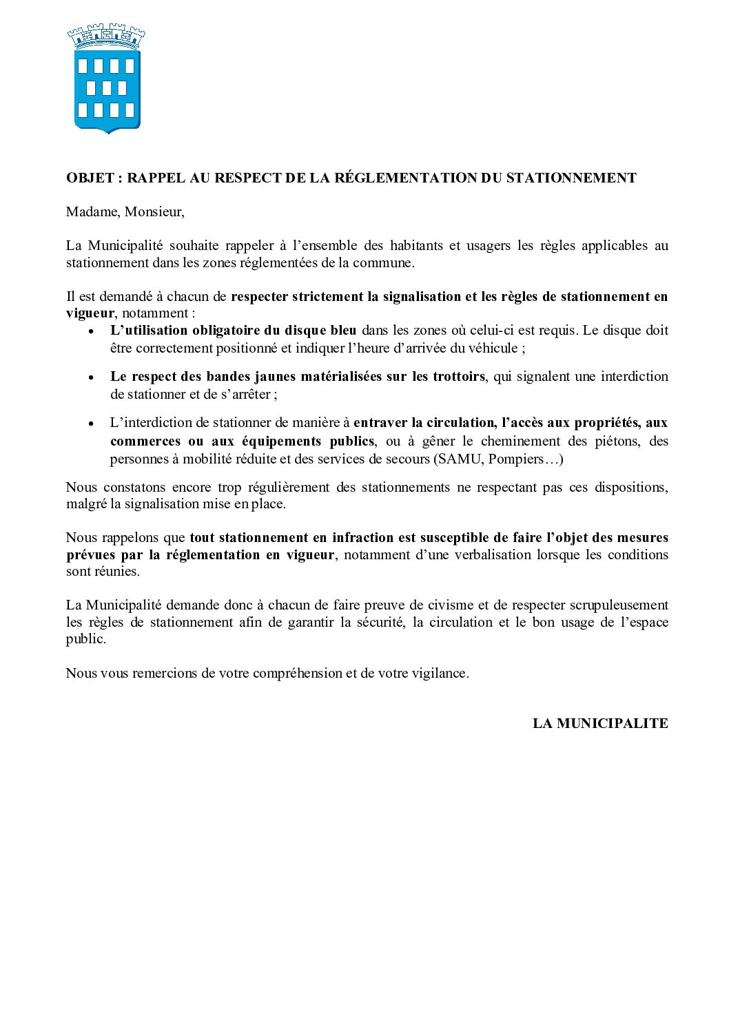 TEXTE REGLEMENT STATIONNEMENT